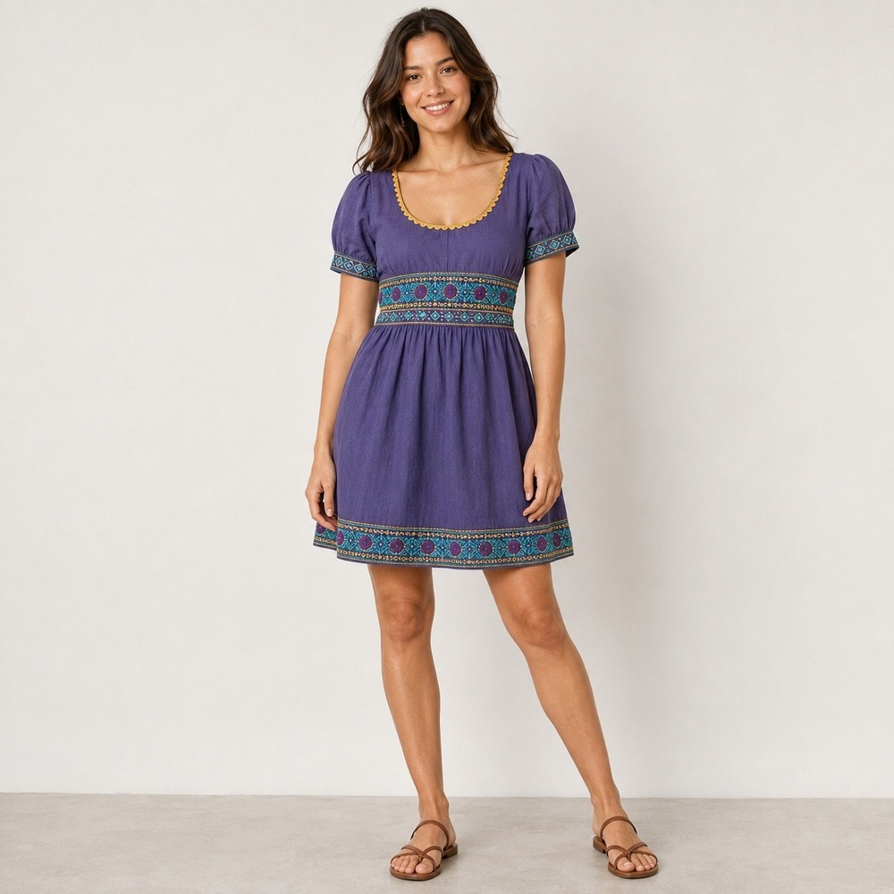 Viola‎ Embroidered Cotton Fit & Flare Dress Size 4 Indigo Boho Folk